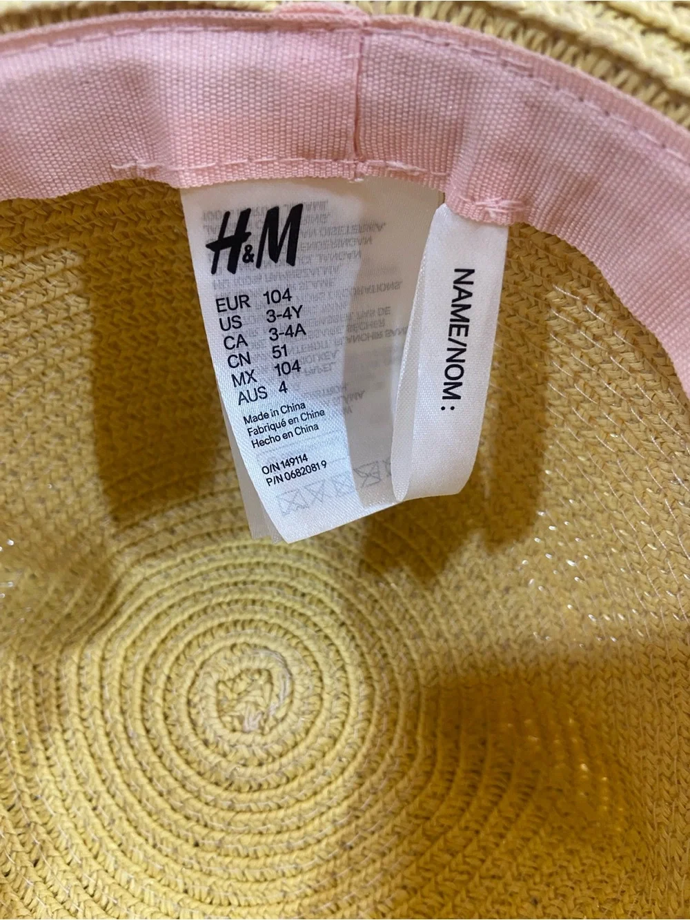 H&M Cream Straw Kids Hat with Pink Band and Cute Embroidered Face
